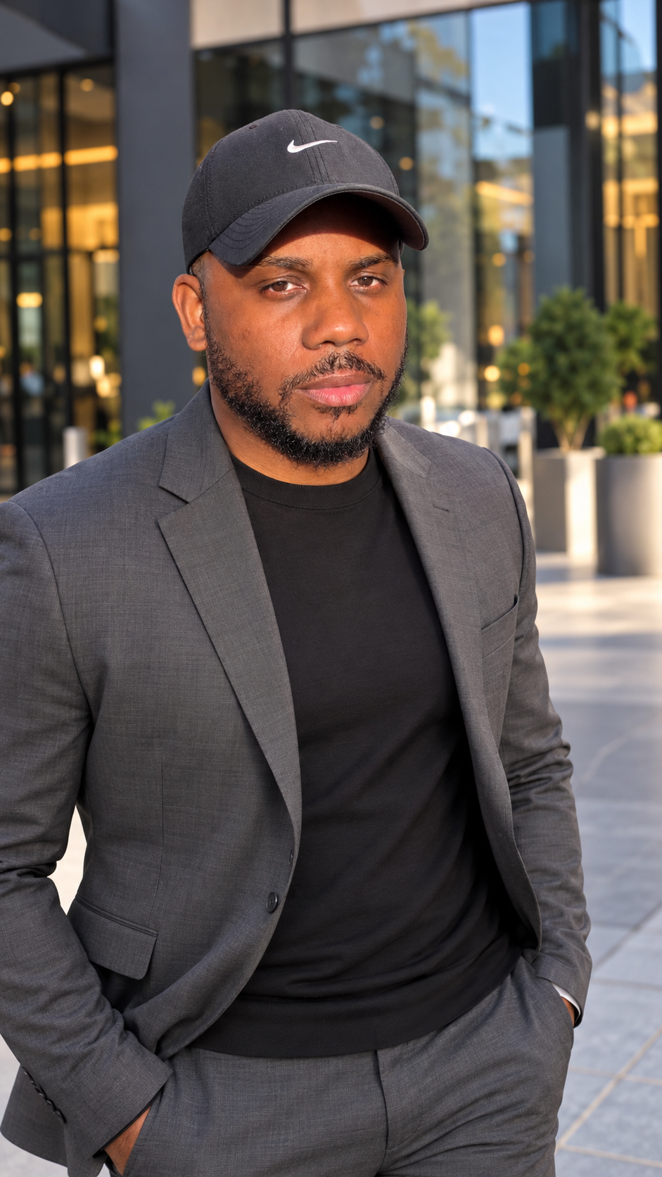 David Lamar at a modern glass entrance